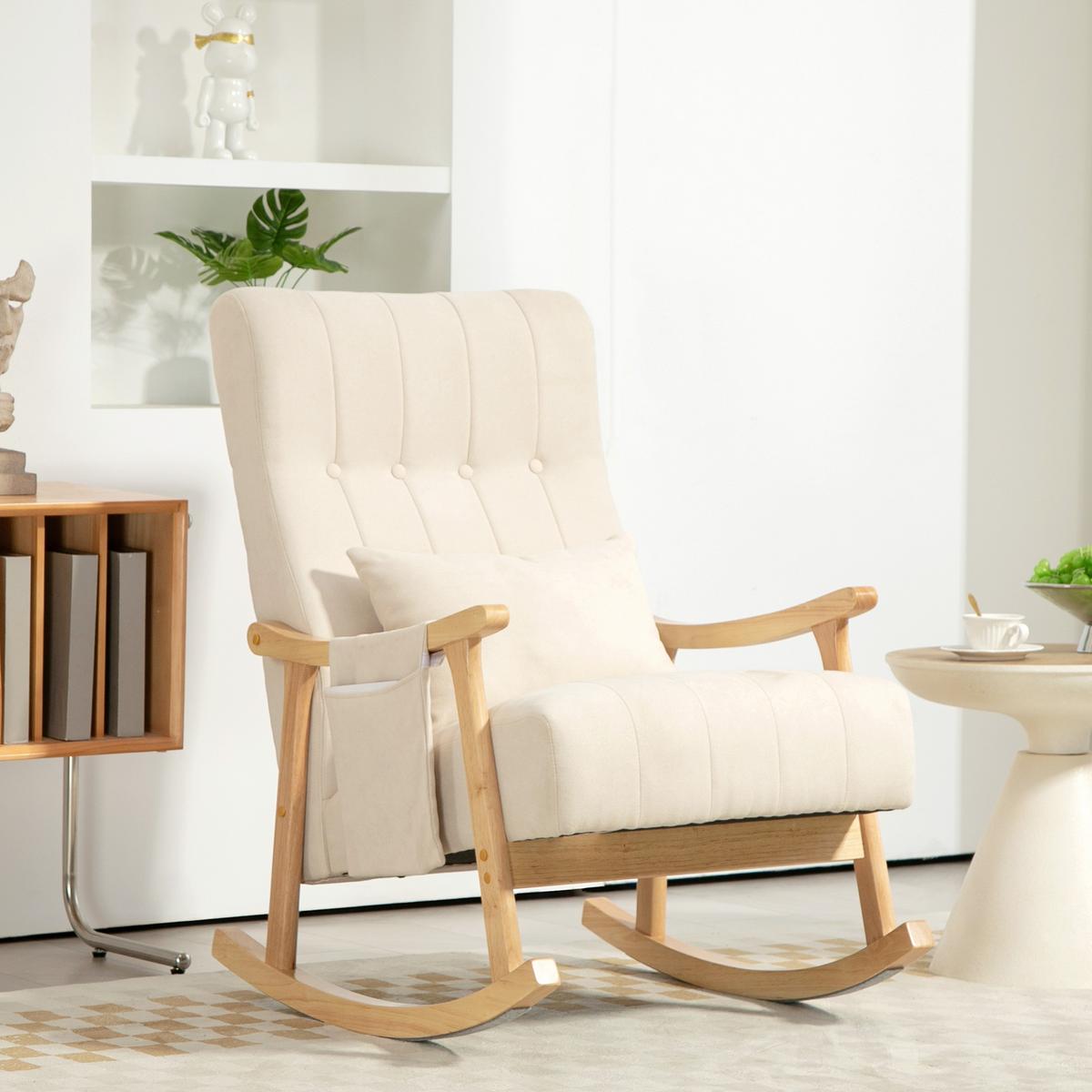 SCHAUKELSTUHL Schaukelsessel mit Lendenkissen, Seitentasche für Wohnzimmer Beige - Beige/Naturfarben, Holz/Buchenholz (65/98/90cm) - HOMCOM