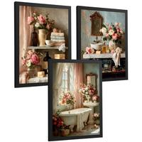 POSTER 3er-Set dekorative Badezimmerdrucke, romantischer Stil, Bilder mit Rosen Badewanne und Parfums, Blumenposter, Schwarzer Rahmen A3 - Schwarz, Papier (42/29.7/3cm) - Nacnic