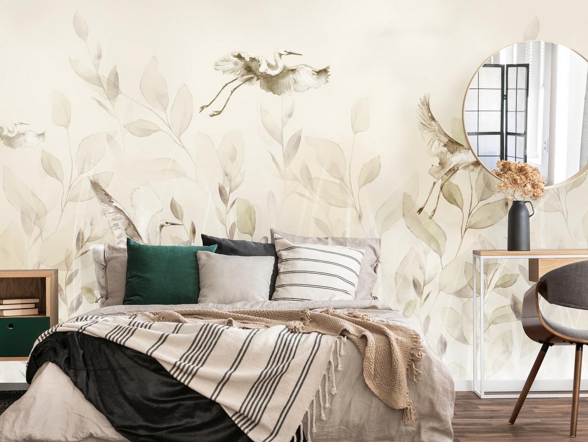 FOTOTAPETE Vögel Blätter Wiese Retro Stil 200x140 - Beige, Papier (200/140cm) - Muralo