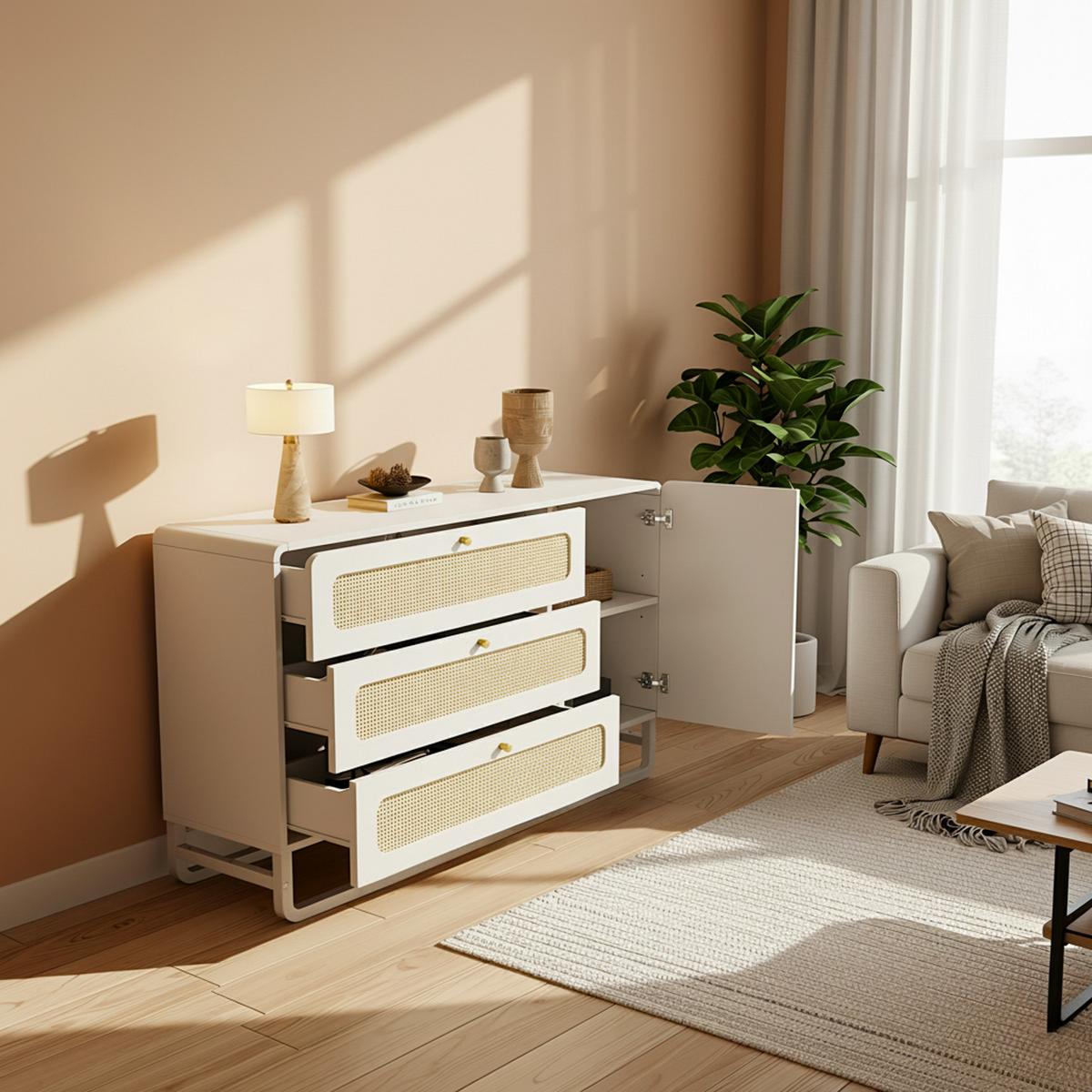 KOMMODE 120 cm in Weiß & Rattan-Optik Sideboard mit 3 Schubladen - Weiß, Holzwerkstoff/Metall (120/85/40cm) - Urban Meuble