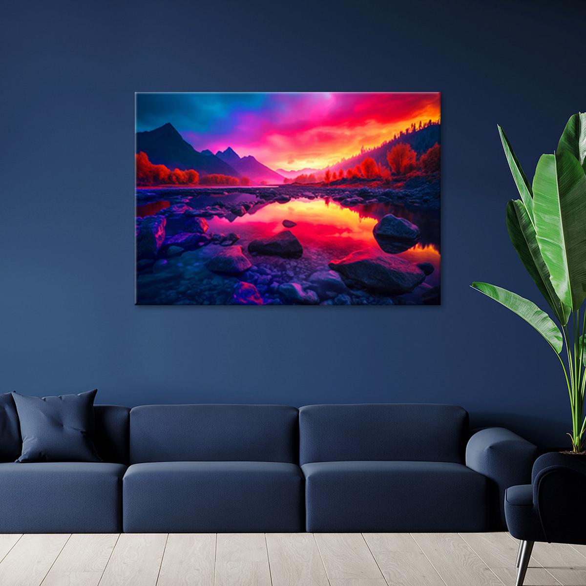 WANDBILD bunter himmel in den bergen - Lila, Textil (60/40cm) - Feeby