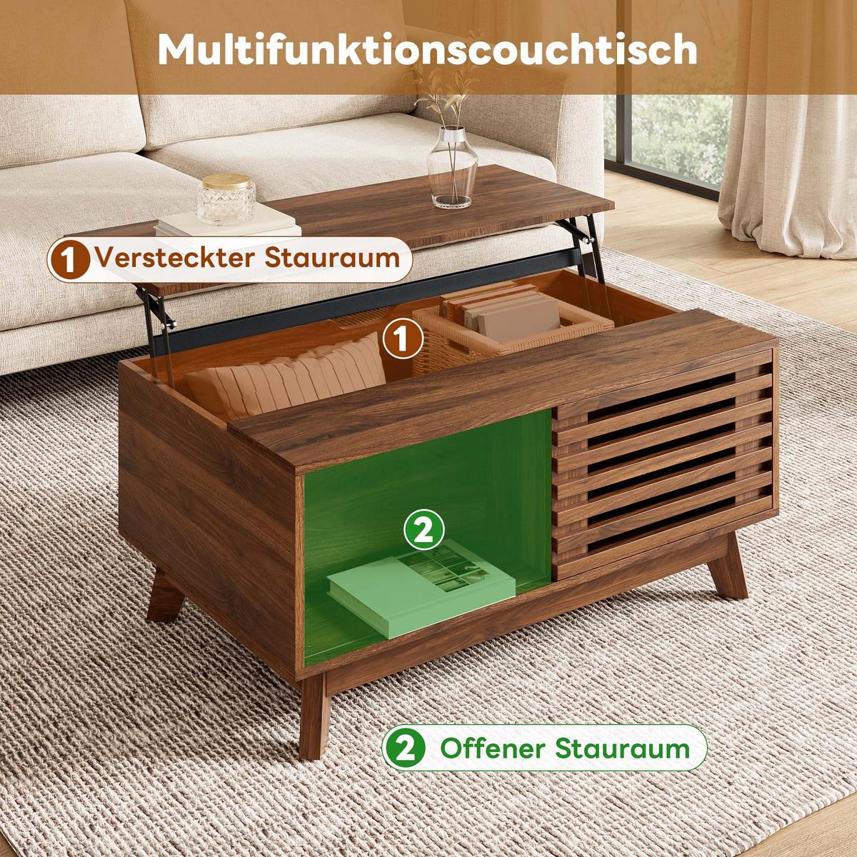 COUCHTISCH walnuss-optik mit lift-funktion & jalousie-schiebetür - Walnussfarben, Holzwerkstoff (55/90/57.5cm) - Urban Meuble