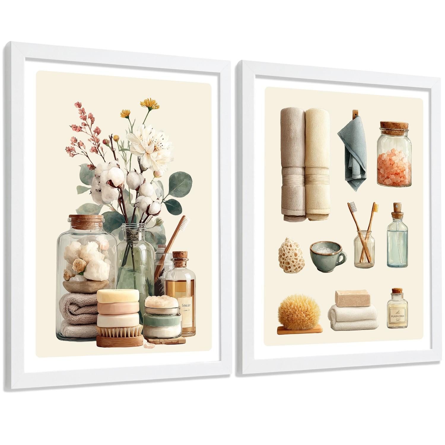 POSTER 2er-Set dekorative Kunstdrucke im Spa-Stil für, minimalistische Bilder mit Blumen Zen-Poster für entspannende Badezimmer- Weißer Rahmen A3 - Weiß, Papier (42/29.7/3cm) - Nacnic