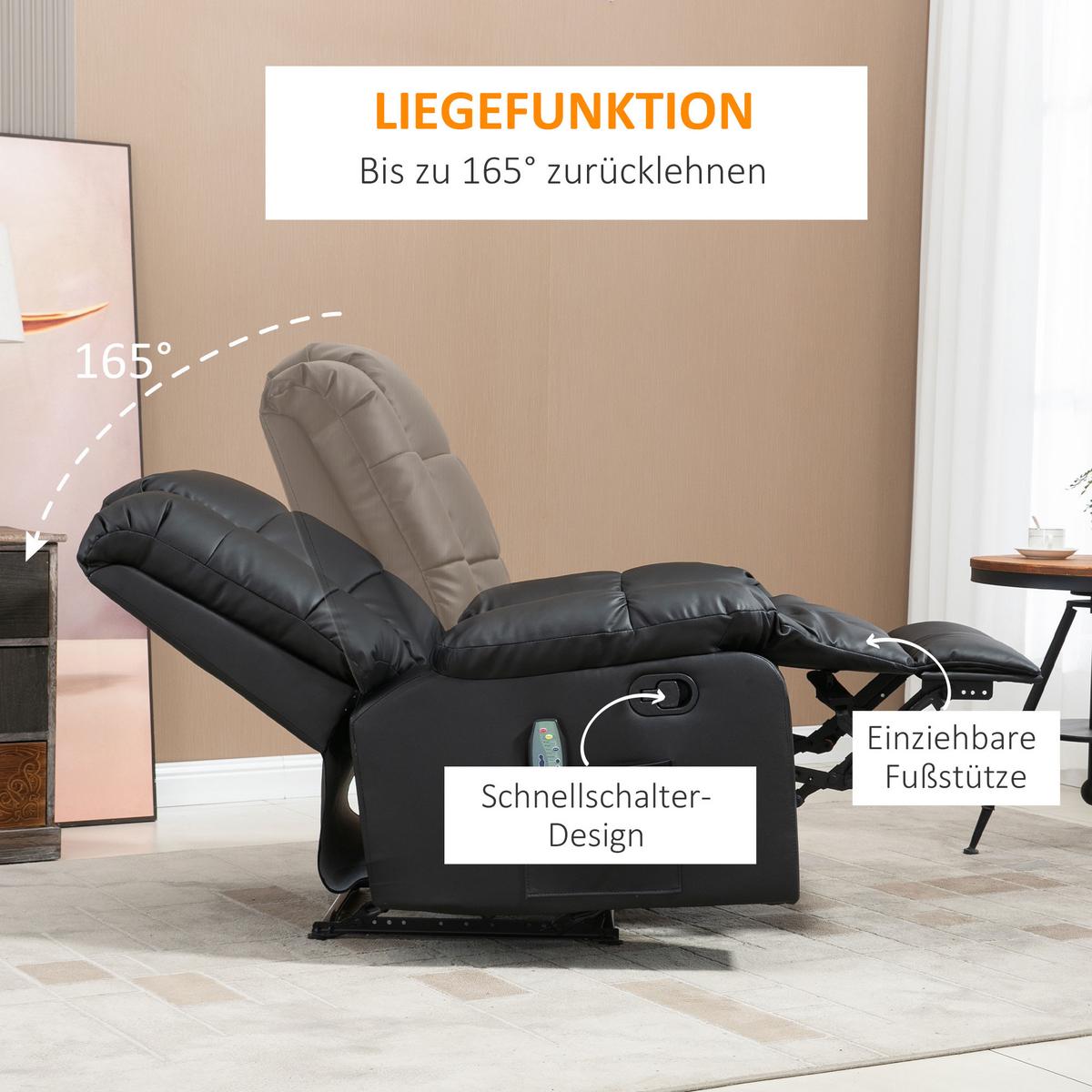 MASSAGESESSEL Elektrisch Fernsehsessel mit Liegefunktion 8 Massagepunkte Schwarz - Schwarz, Leder (99/99/94cm) - HOMCOM