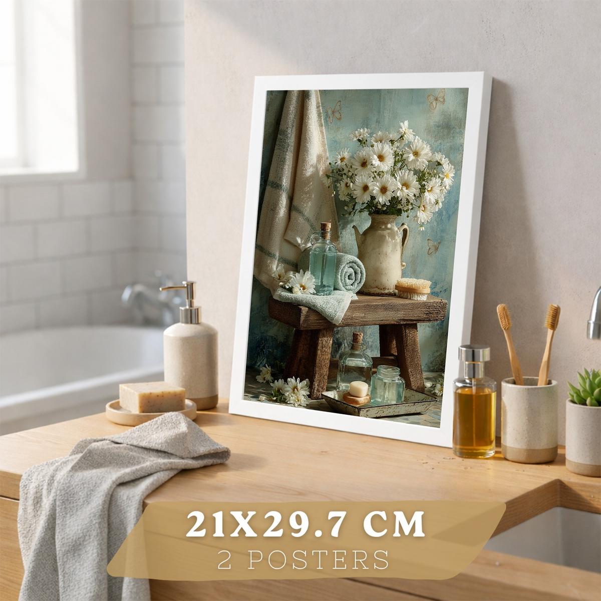 POSTER Set mit 2 dekorativen Badezimmer-Drucken, Shabby Chic Blumenposter für Wand, Waschbecken, romantische Dekoration mit Blumen Weißer Rahmen A4 - Weiß, Papier (29.7/21/3cm) - Nacnic