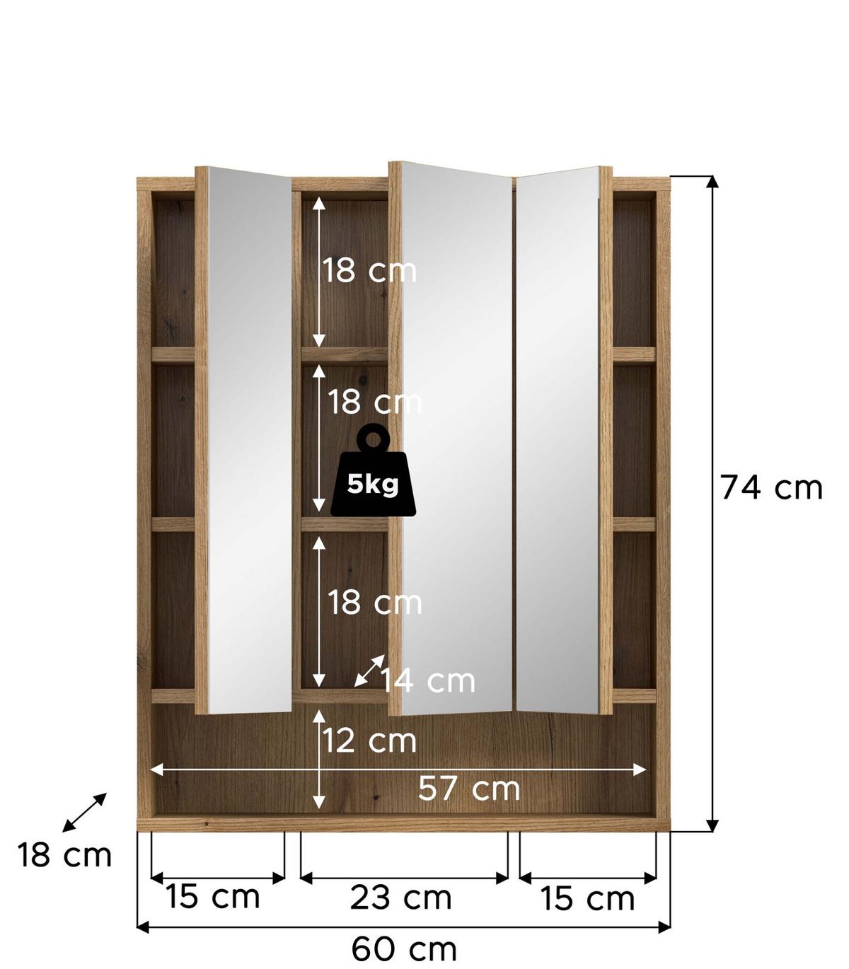 SPIEGELSCHRANK Eiche Evoke 3-türig 60 cm, Badezimmer Schrank mit 10 Fächern - Eichefarben, Glas/Holzwerkstoff (60/74/18cm) - Inn.Furn