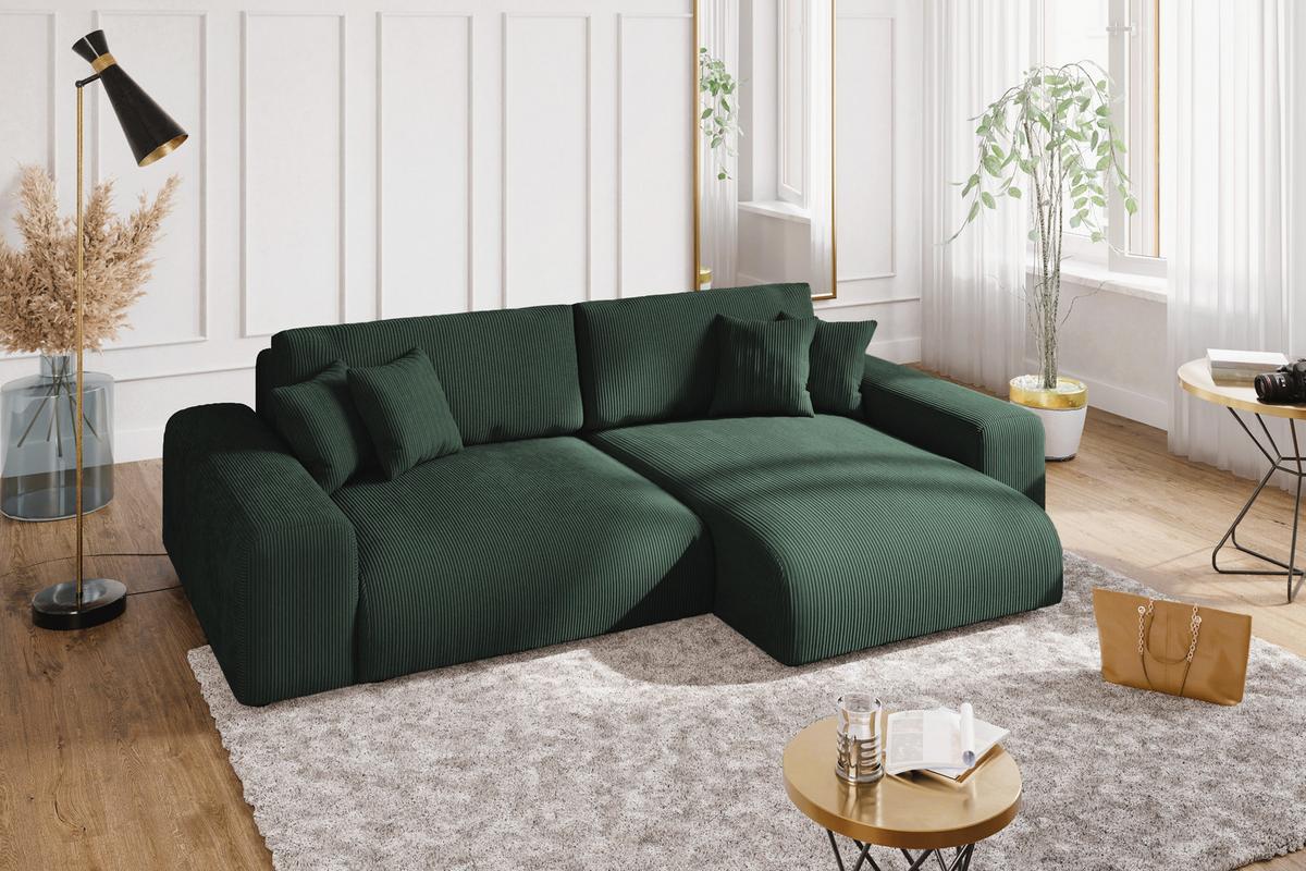 ECKSOFA mit Schlaffunktion, Bettkasten, Wellenunterfederung, seitenverkehrt montierbar B255/T165/H84 cm, Liegefl. 148x196 cm, Cord Grün / 21005 - Schwarz/Grün, Kunststoff/Textil (255/165cm) - luma-home