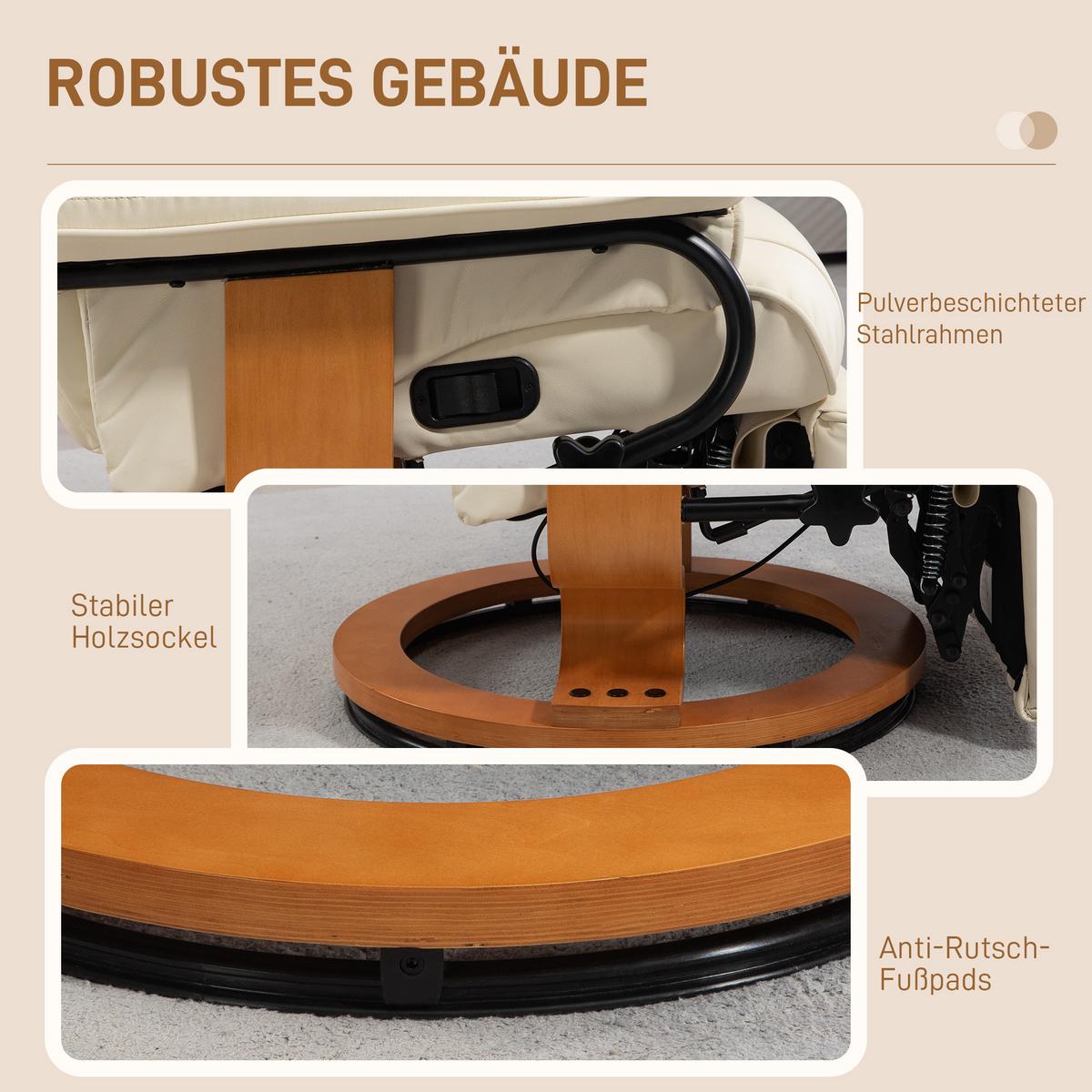 RELAXSESSEL Drehbar Fernsehsessel mit Liegefunktion, Fußstütze, Cremeweiß - Creme, Leder/Holzwerkstoff (88/103/78cm) - HOMCOM