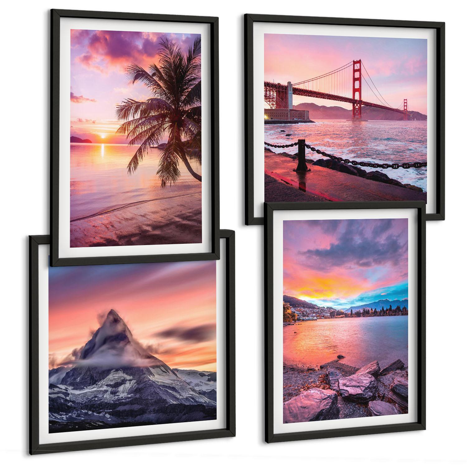 BILDER SET 4er Set - 50x50 cm & 40x60 cm Schwarzer Rahmen - Sonnenuntergangsbrücke Landschaft - Schwarz, Kunststoff (50/50cm) - TULUP
