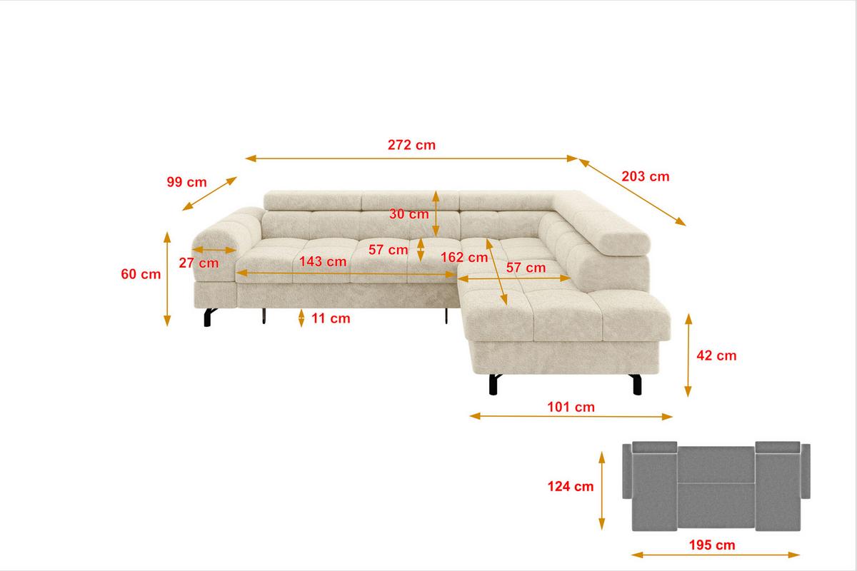 ECKSOFA mit Schlaffunktion Ottomane Rechts LUMA-L 272x203x70 Creme Velours - Creme/Schwarz, Holzwerkstoff/Kunststoff (203/272cm) - ALTDECOR