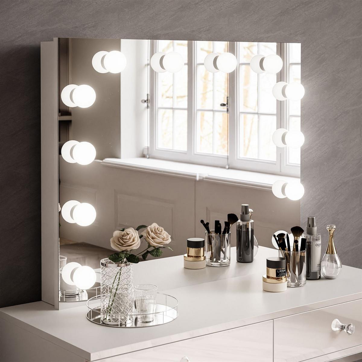SCHMINKTISCH BLANCO LOFT ELITE mit Spiegel und Beleuchtung Weiß Hochglanz PUSH OPEN - Weiß Hochglanz/Schwarz, Holzwerkstoff (100/146/42cm) - Lookway