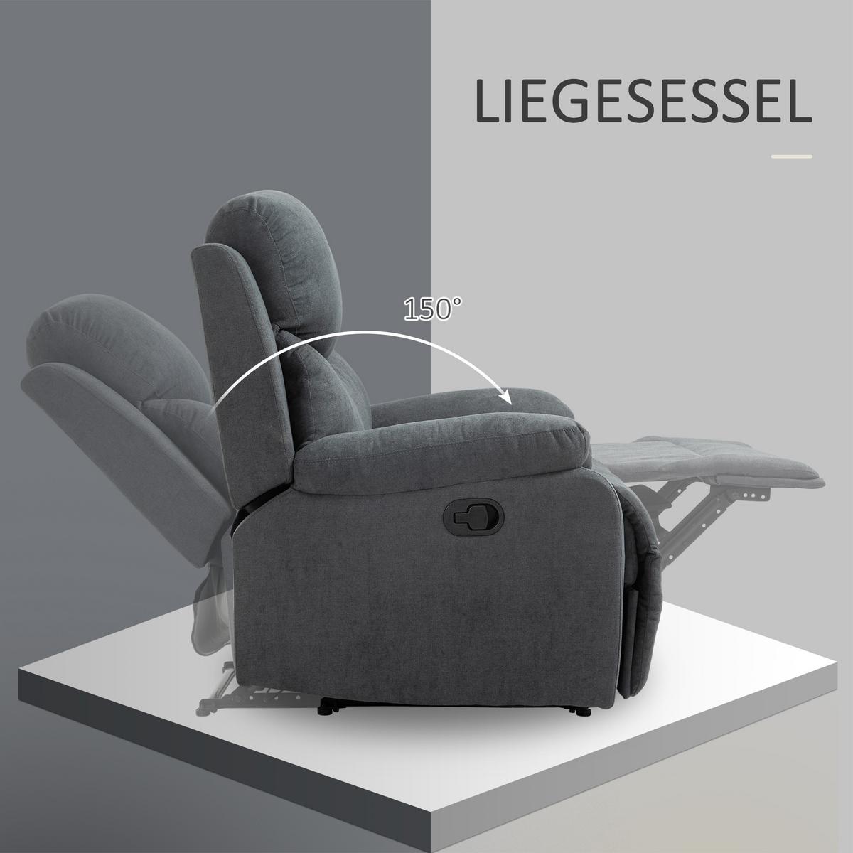 RELAXSESSEL 150° neigbar Einzelsofa Liege Fernsehsessel Leinen Dunkelgrau - Dunkelgrau/Schwarz, Textil/Metall (88/102/93cm) - HOMCOM