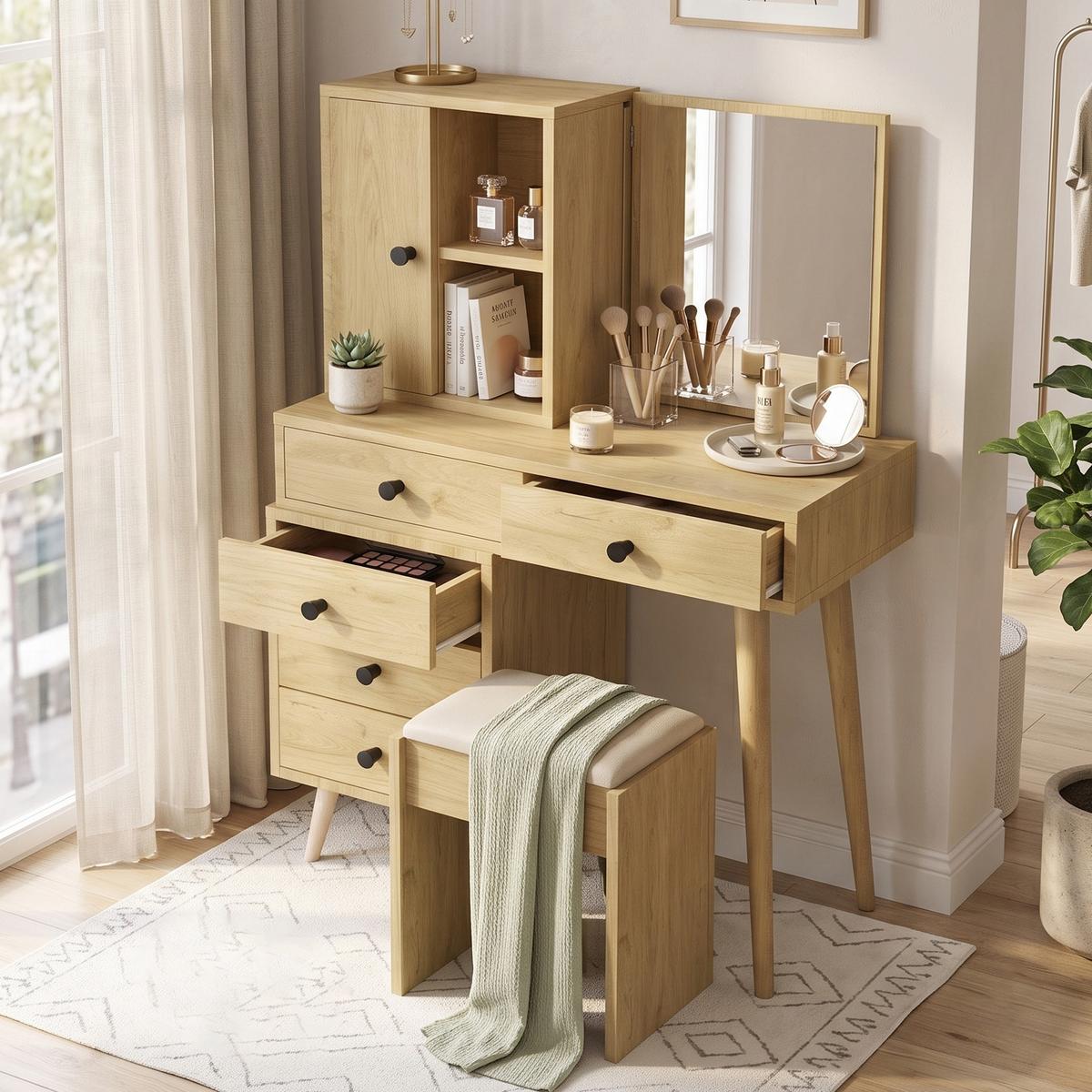 SCHMINKTISCH mit Hocker Naturholzoptik mit versenkbarem Spiegel, 5 Schubladen - Naturfarben, Holzwerkstoff (123/120/40cm) - Urban Meuble