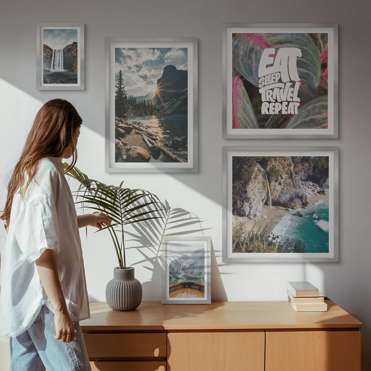 BILDER SET 5er Set - 50x50 cm & 20x30 cm & 40x60 cm Silberner Rahmen - Wasserfall Bergreise Natur - Silberfarben, Kunststoff (40/60cm) - TULUP