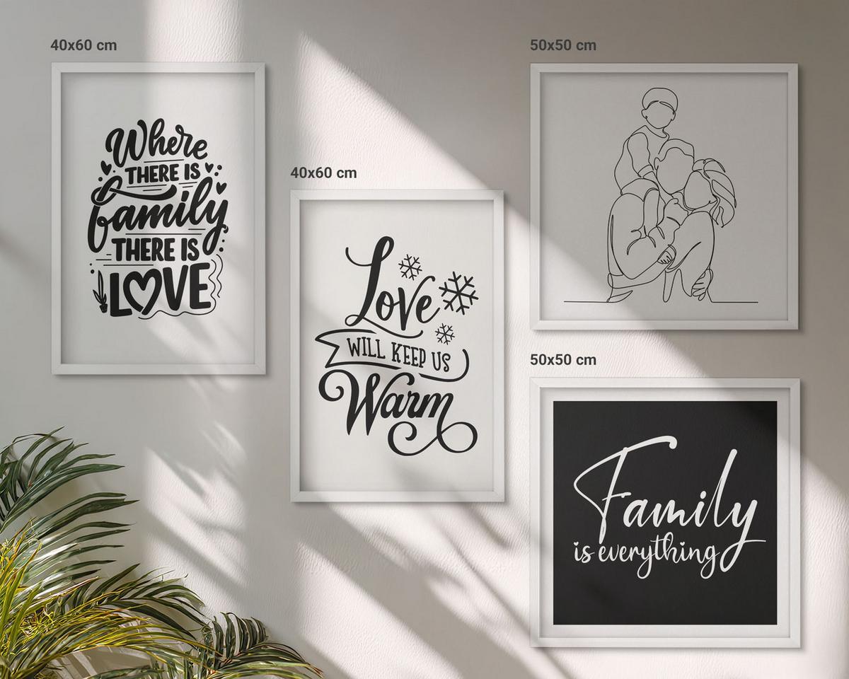 BILDER SET 4er Set - 50x50 cm & 40x60 cm Weißer Rahmen - Familie, Liebe, Wärme, Zuhause - Weiß, Kunststoff (50/50cm) - TULUP