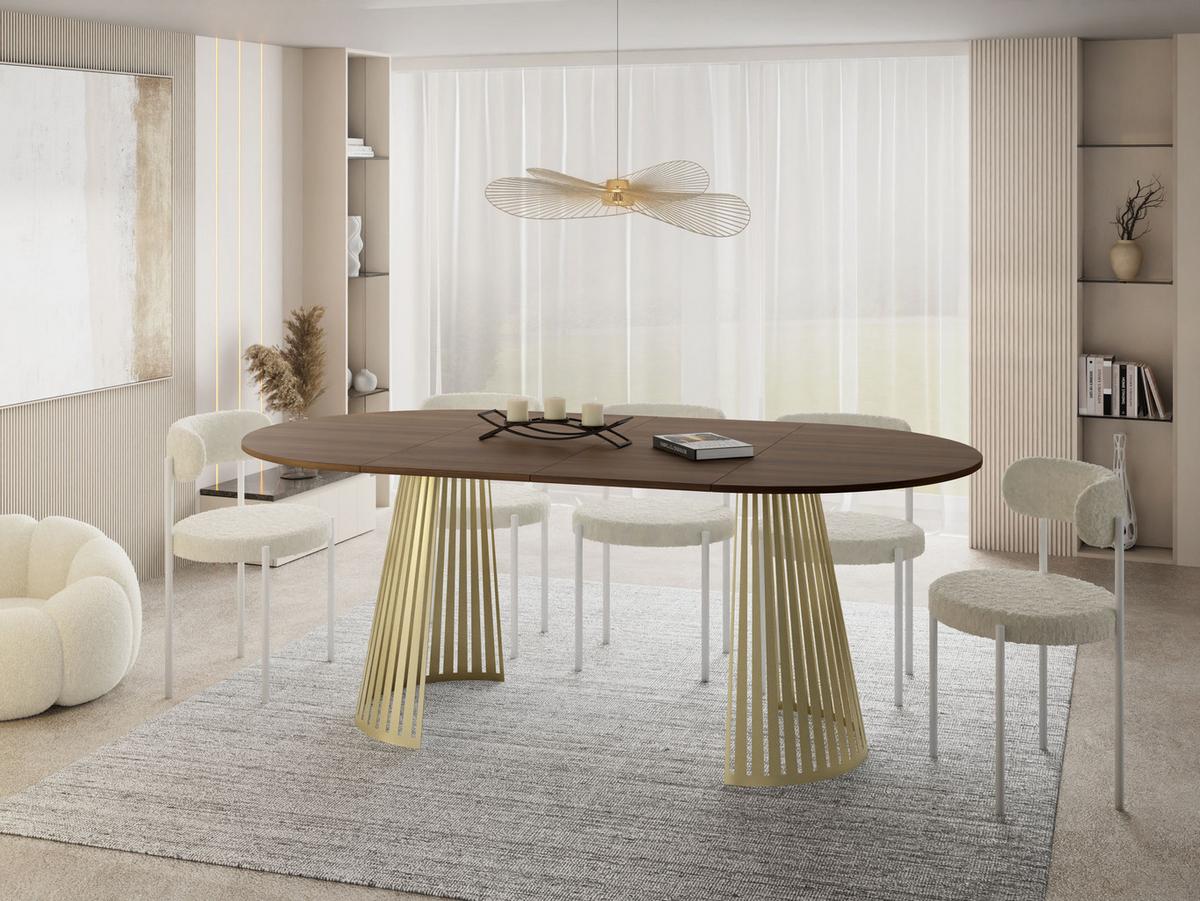 ESSTISCH Naro rund ausziehbar mit Goldenem Lamellen-Metallgestell, Walnuss Braun 100-180/100/76 cm - Goldfarben/Walnussfarben, Holzwerkstoff/Metall (100/176/76cm) - WFL GROUP