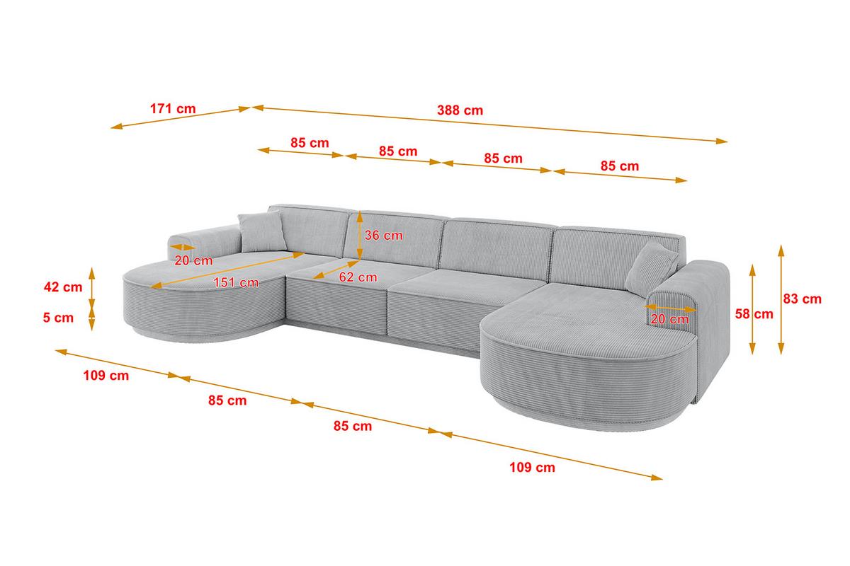 WOHNLANDSCHAFT MARI-U2-v3 - 388x171x83 cm Grau Cord - Schwarz/Grau, Holzwerkstoff/Kunststoff (388/83/171cm) - ALTDECOR