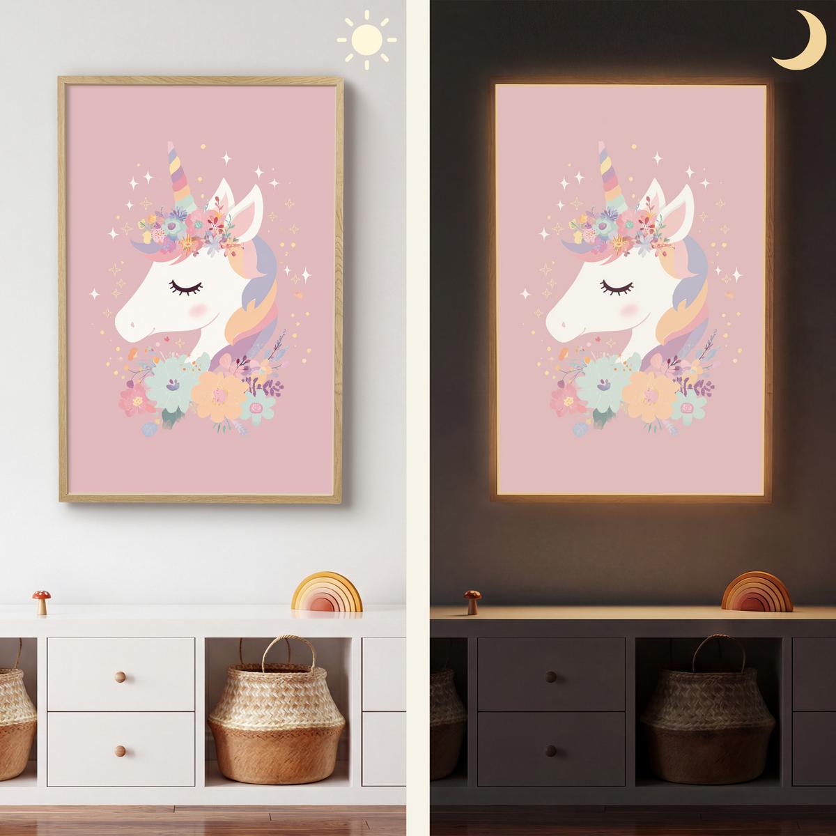 WANDLEUCHTE MIT AKKU Einhorn - Rosa - Blumen 60x90 cm - Rosa, Holzwerkstoff (60/90/8cm) - OnlyWow