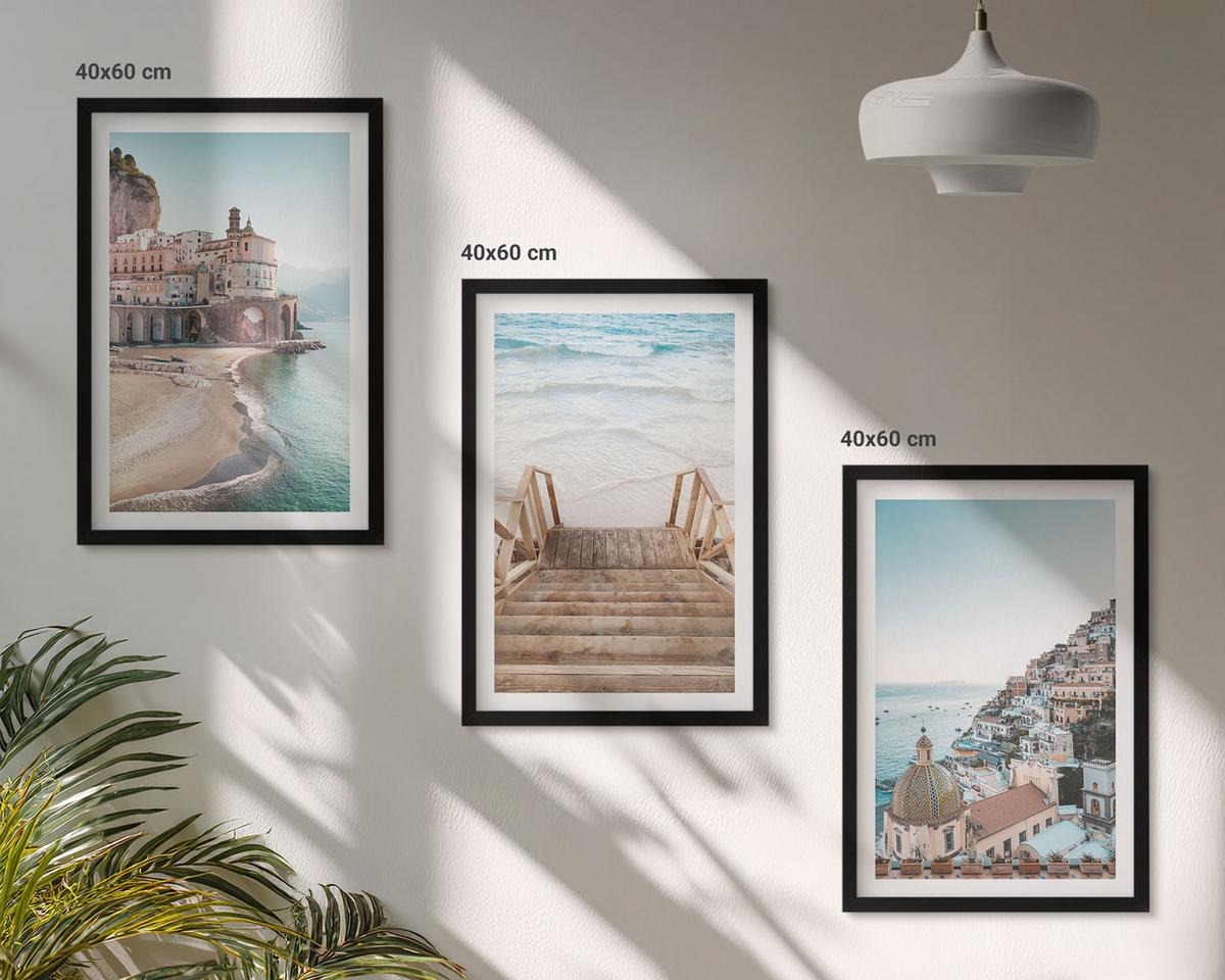 BILDER SET 3er Set - 40x60 cm Schwarzer Rahmen - Sommerliche Strandansichten in Pastellfarben - Schwarz, Kunststoff (40/60cm) - TULUP