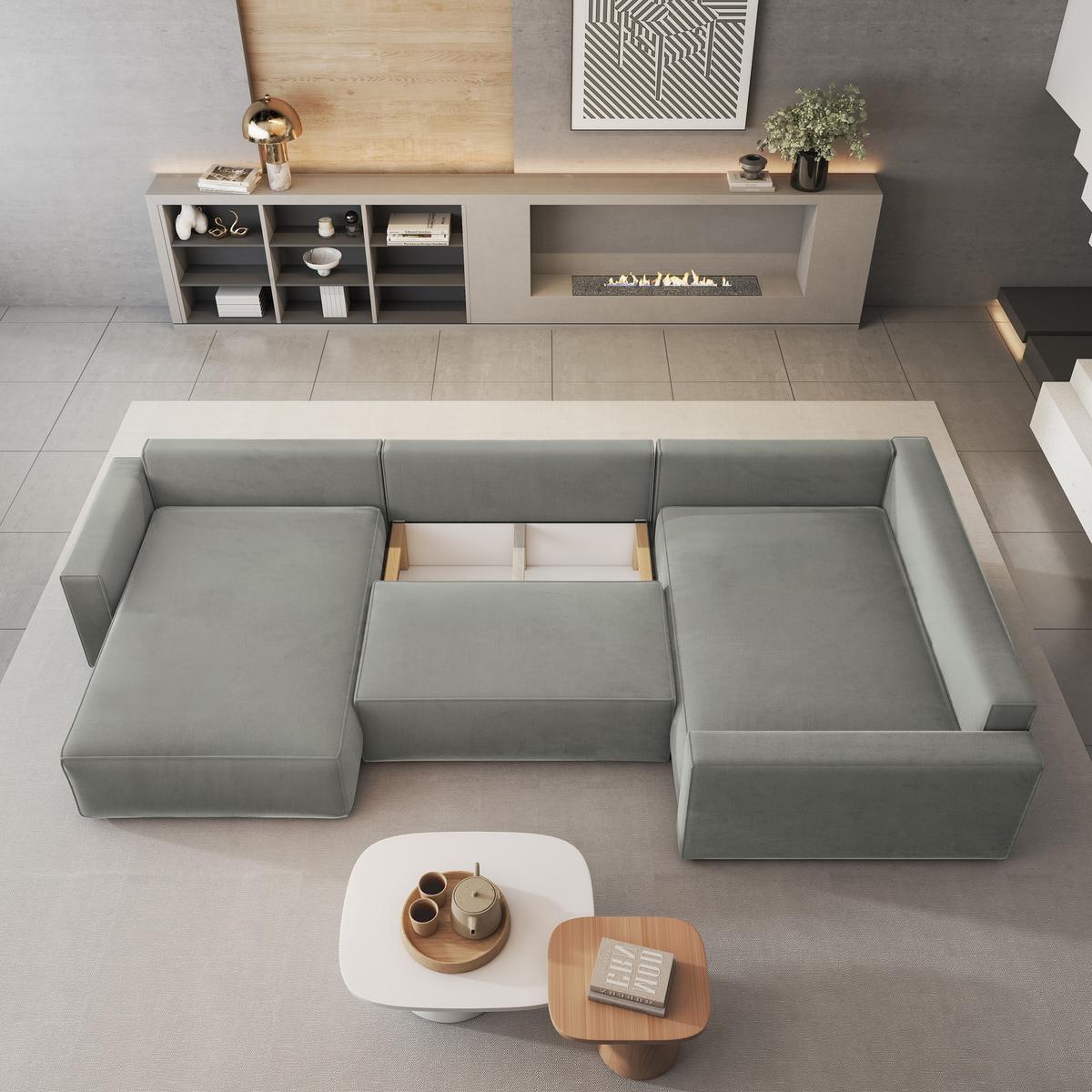 WOHNLANDSCHAFT VELAMI R-S Hellgrau Velours-Stoff mit Schlaffunktion - Hellgrau, Holz (365/83/194cm) - MASSENO