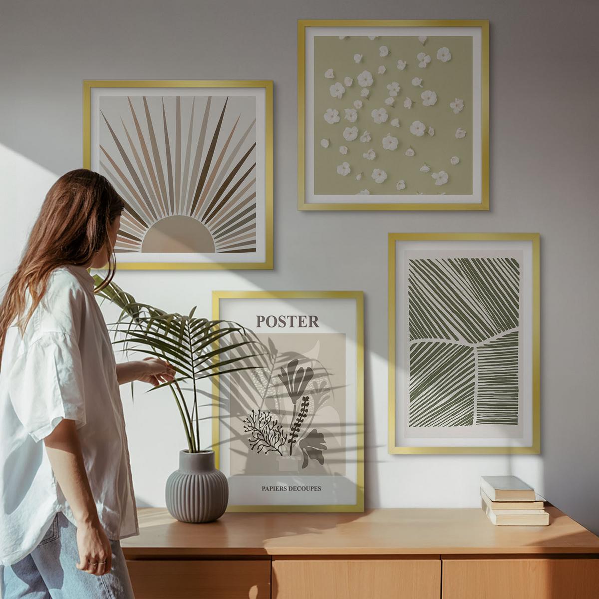 BILDER SET 4er Set - 50x50 cm & 40x60 cm Goldrahmen - Pflanzenmotive in gedeckten Farben - Goldfarben, Kunststoff (50/50cm) - TULUP