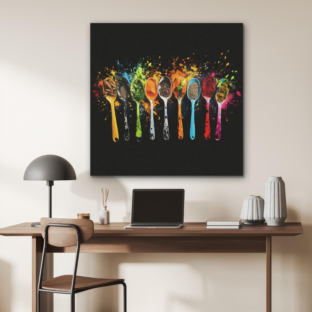 AKUSTIKBILD Löffel - Gewürze - Modern - Graffiti - Farbe - Farbenfroh Akustikpaneele 90x90 cm - Multicolor, Textil (90/90/0.9cm) - MuchoWow