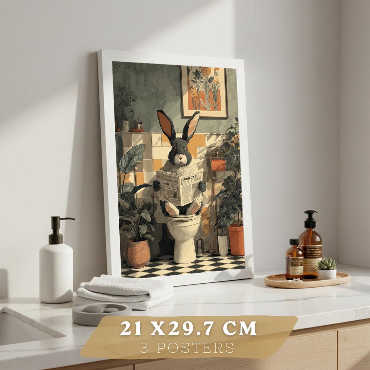 POSTER 3er-Set Tierdrucke im Badezimmer, lustige Waschbär- und Kaninchen-Dekorationsbilder im modernen Vintage-Stil für und Toilette Rahmenlos A4 - Klar, Papier (29.7/21/3cm) - Nacnic