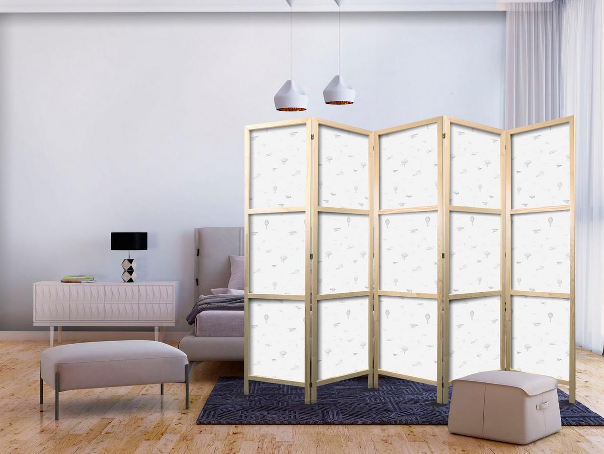 PARAVENT Japanischer 5-tlg 225x172 cm Luftballons Luftschiffe Flugzeuge - Weiß, Holz/Textil (225/172/3cm) - Muralo