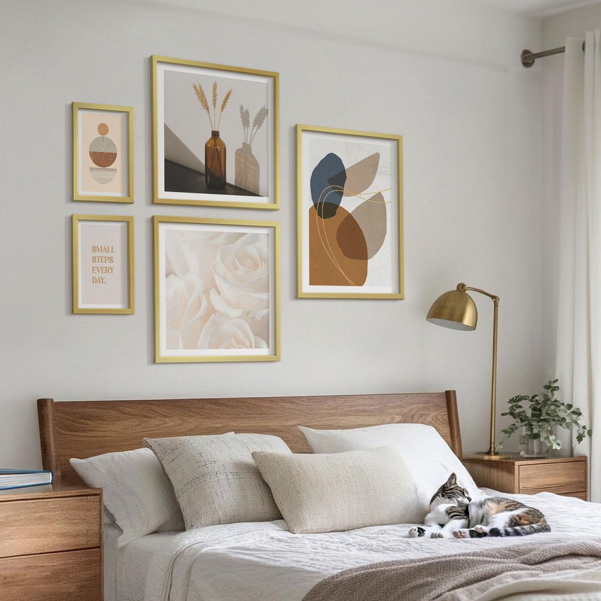 BILDER SET 5er Set - 50x50 cm & 20x30 cm & 40x60 cm Goldrahmen - Abstrakte Formen Akzente - Goldfarben, Kunststoff (40/60cm) - TULUP