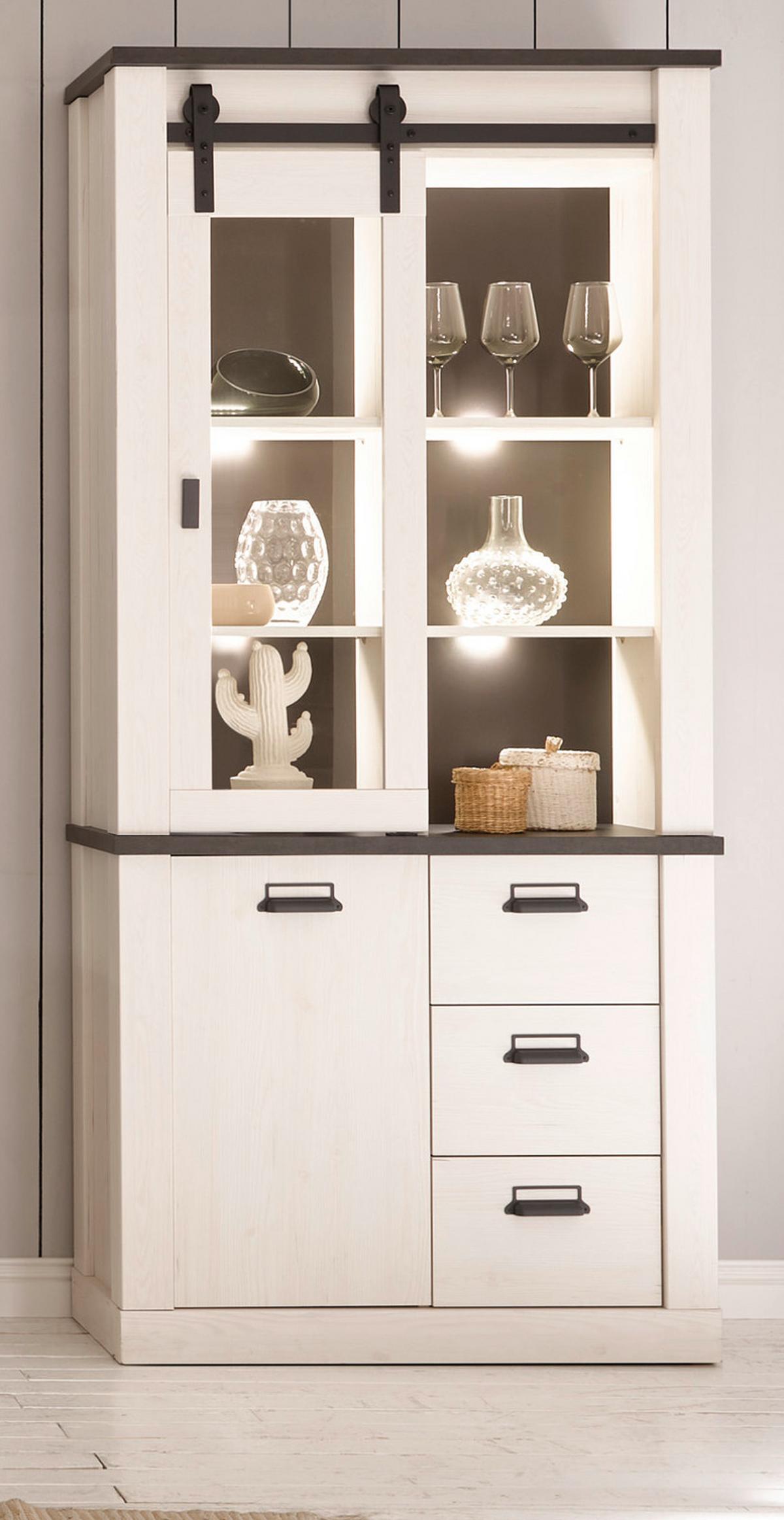 ESSZIMMER-SET weiß Pinie, anthrazit, Speisezimmer 3-teilig mit Esstisch, Vitrine, Sideboard - Anthrazit/Weiß, Holzwerkstoff/Metall (275/201/80cm) - Furn.Design