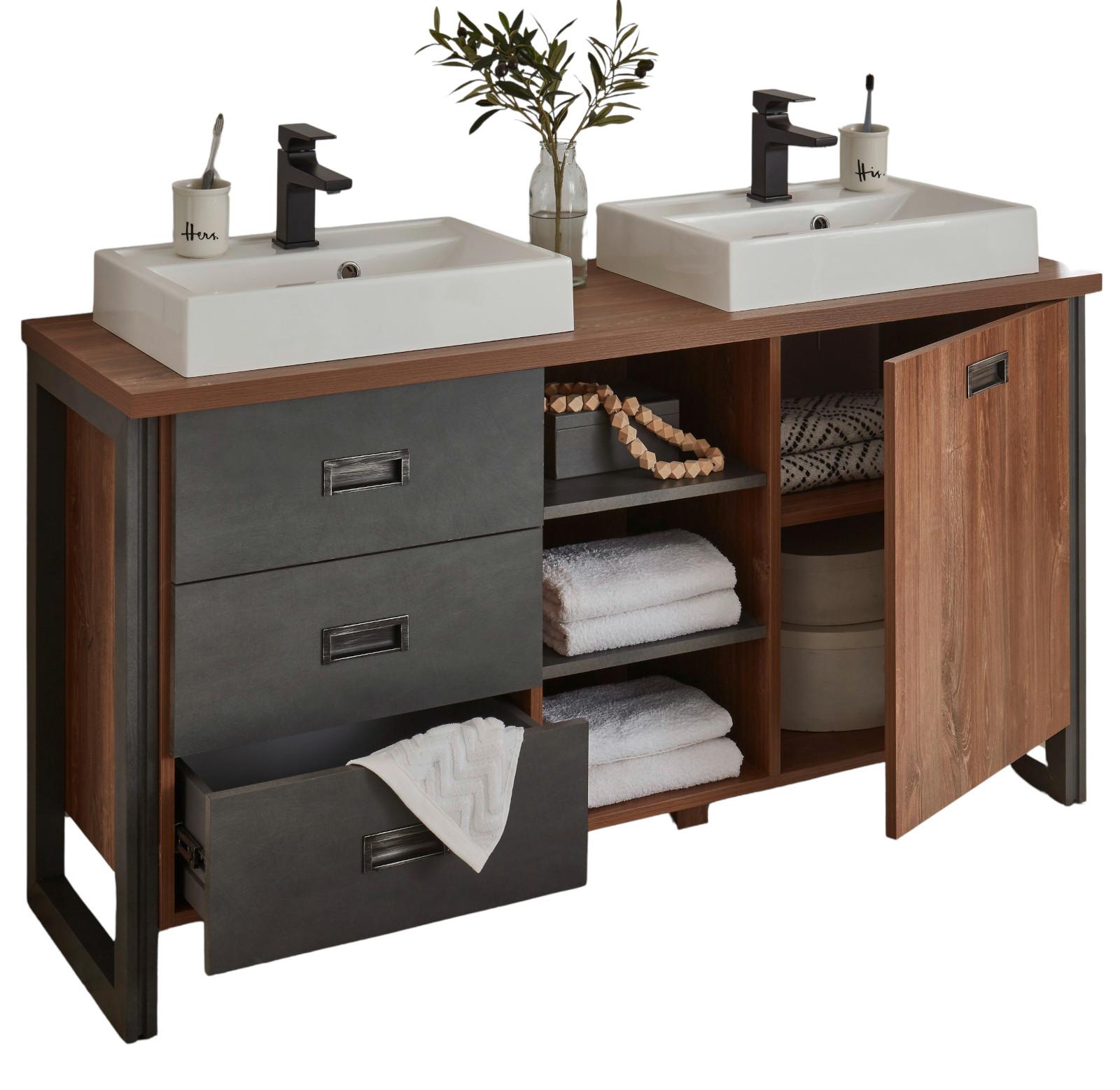 WASCHTISCHKOMBI Eiche Stirling und Grau, Doppelwaschtisch inklusive 2x Waschbecken, 138 x 75 cm - Eichefarben/Grau, Holzwerkstoff/Metall (138/85/40cm) - Furn.Design