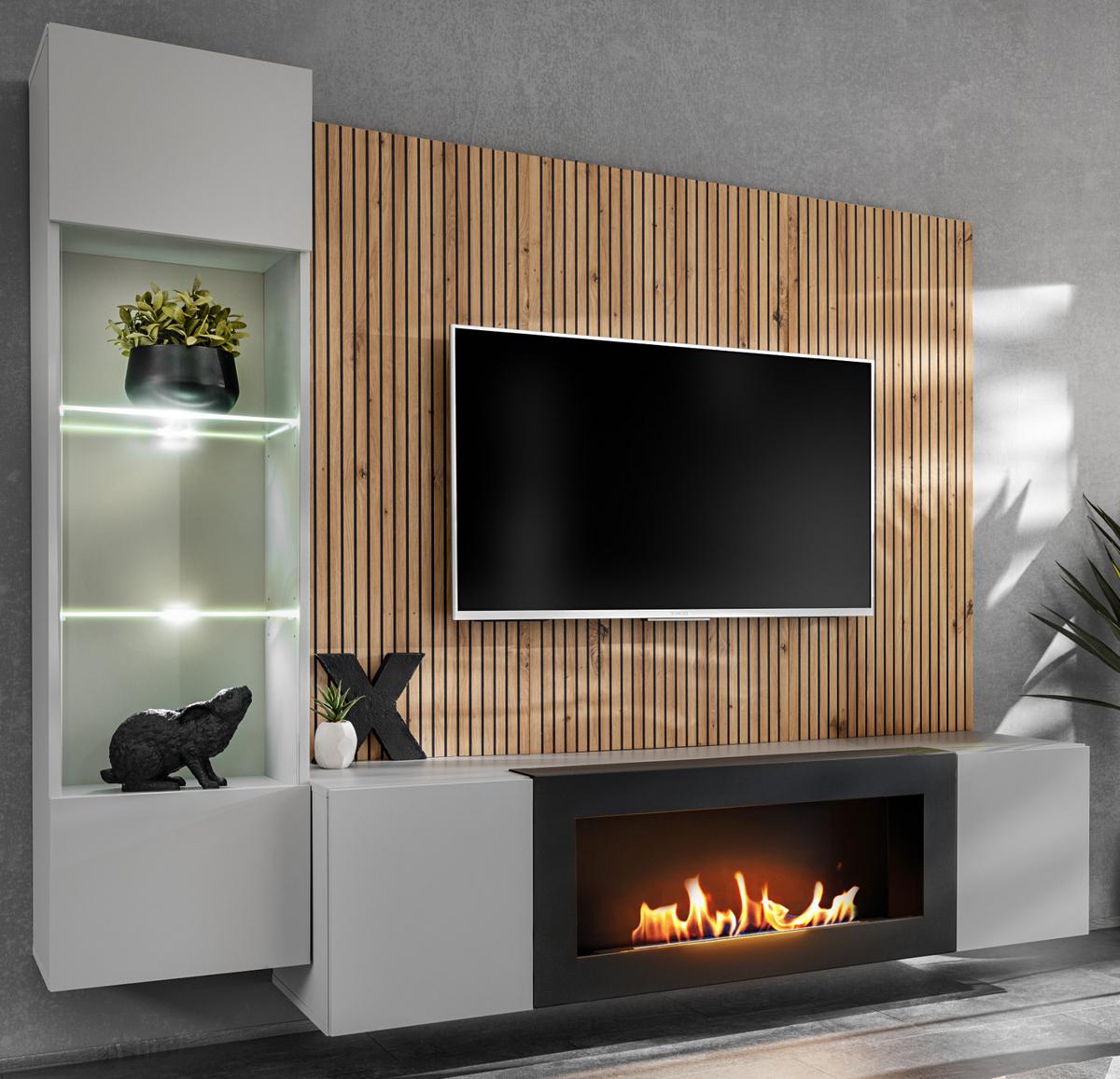 WOHNWAND hellgrau, schwarz, Eiche Artisan 200 cm, Schrankwand inklusive Ethanol Kamin und Beleuchtung - Hellgrau/Schwarz, Glas/Holzwerkstoff (200/148/35cm) - Inn.Furn