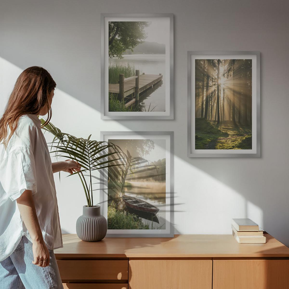BILDER SET 3er Set - 40x60 cm Silberner Rahmen - See, Wald, Boot, Morgennebel - Silberfarben, Kunststoff (40/60cm) - TULUP