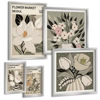 BILDER SET 5er Set - 50x50 cm & 20x30 cm & 40x60 cm Silberner Rahmen - Retro-Blumen aus Städten rund um die Welt - Silberfarben, Kunststoff (40/60cm) - TULUP