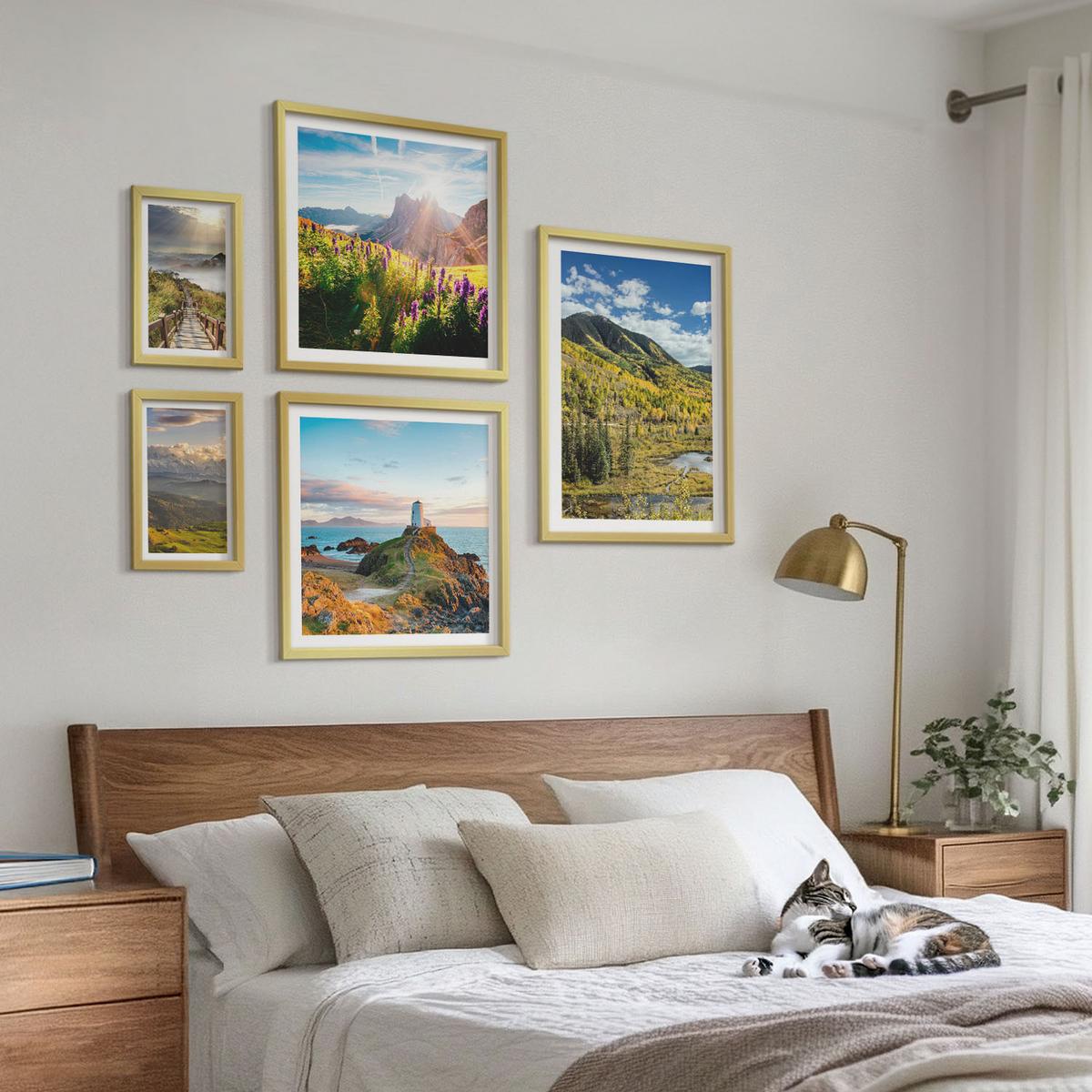 BILDER SET 5er Set - 50x50 cm & 20x30 cm & 40x60 cm Goldrahmen - Berglandschaften Wasserfall - Goldfarben, Kunststoff (40/60cm) - TULUP