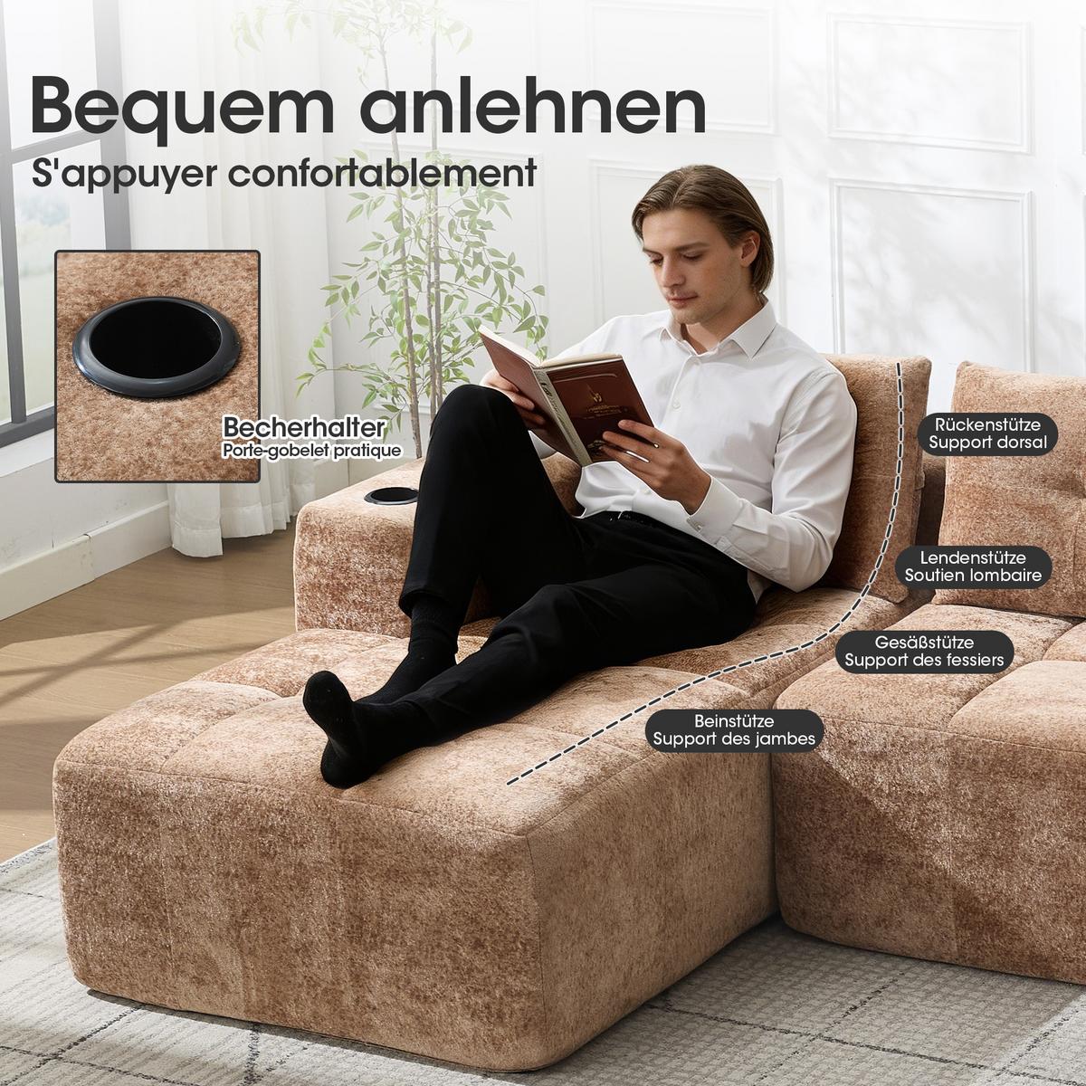 ECKSOFA chenille L-form mit getränkehaltern & 3 kissen - Braun, Textil (258/163cm) - Urban Meuble