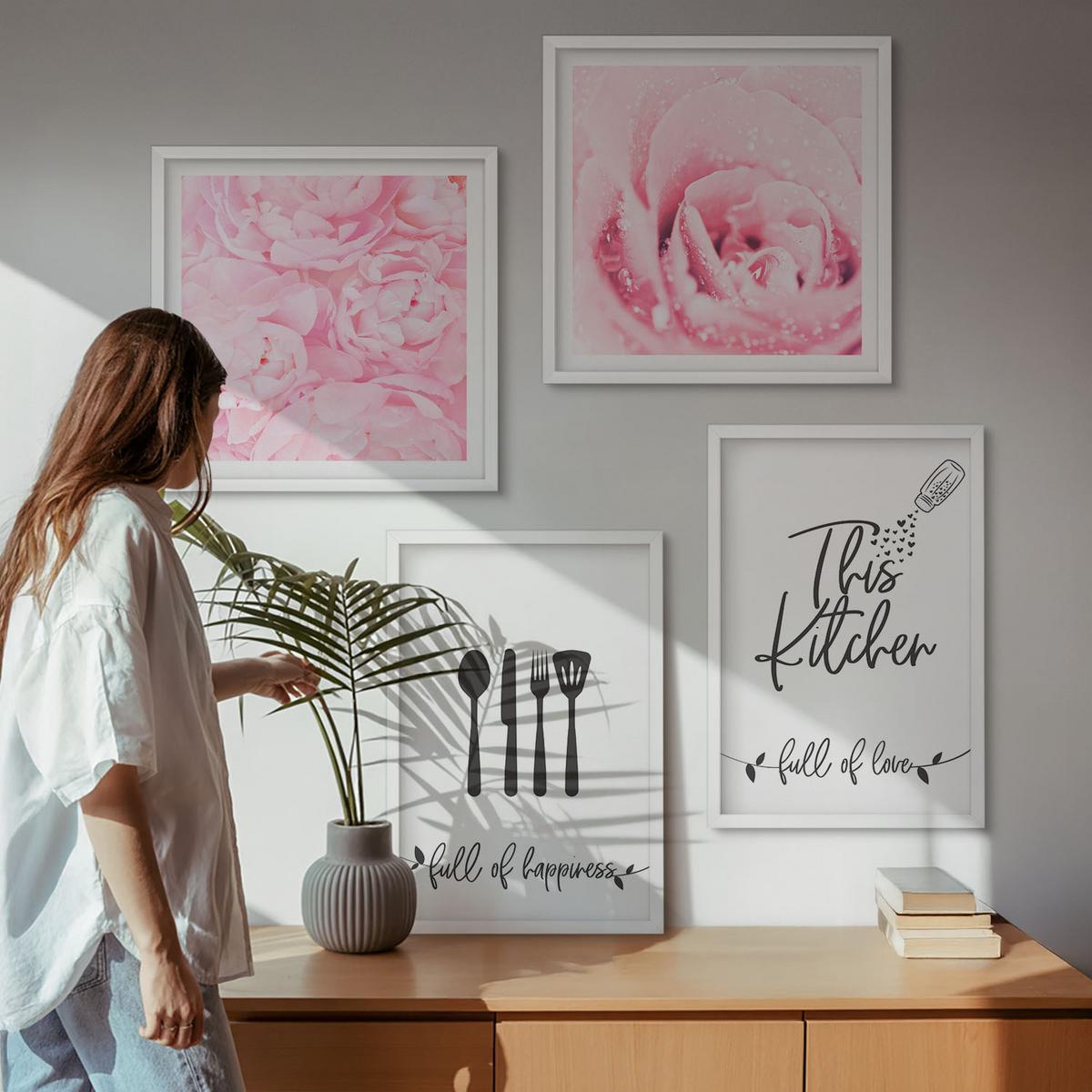 BILDER SET 4er Set - 50x50 cm & 40x60 cm Weißer Rahmen - Zarte Rosenblüten für die Küche - Weiß, Kunststoff (50/50cm) - TULUP