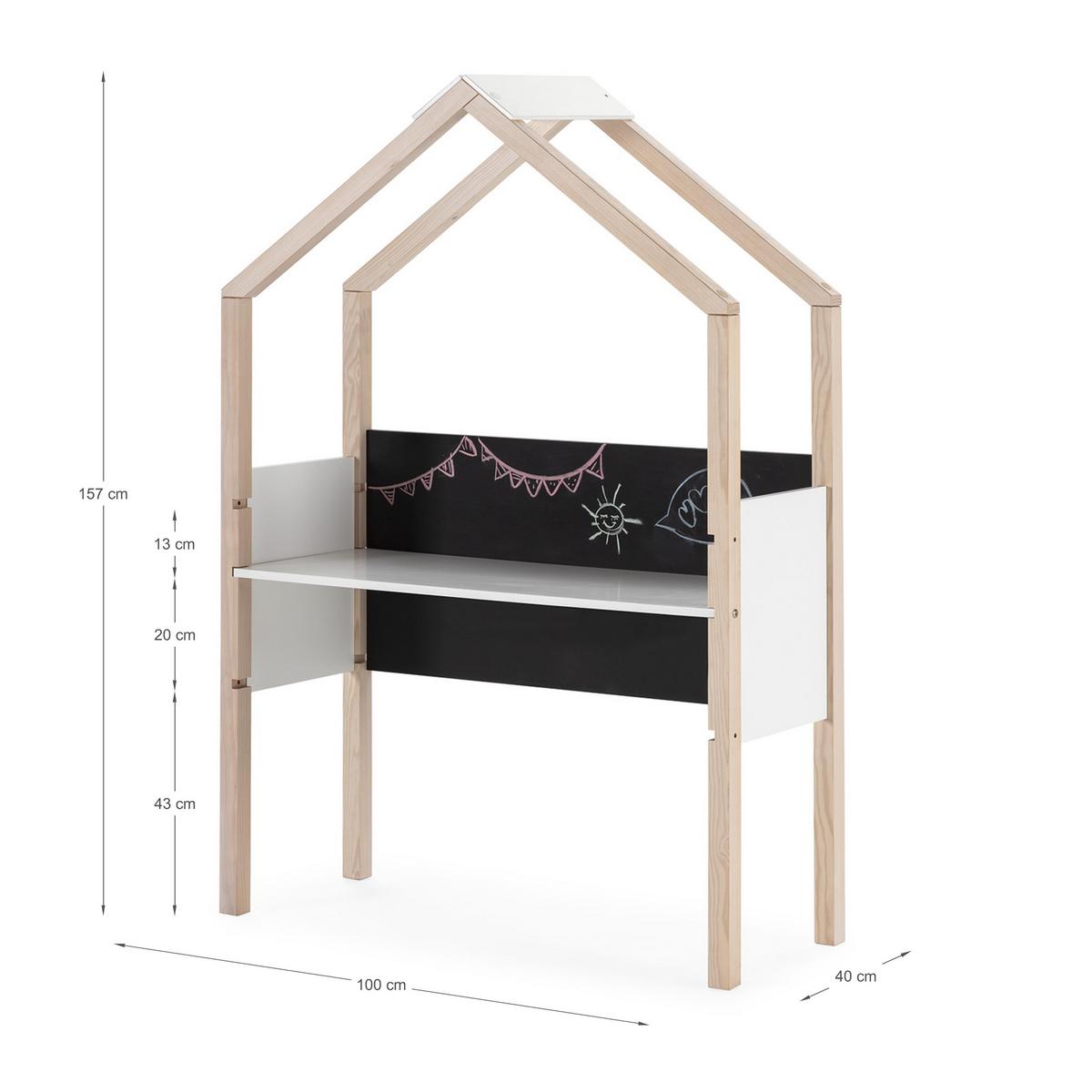 BÜRO mit Schiefertafel in Hausform, dekoriert in weißem Hochglanz und hellem Holz, L100 cm 40/100/155 cm - Weiß, Holzwerkstoff (40/155/100cm) - Calicosy
