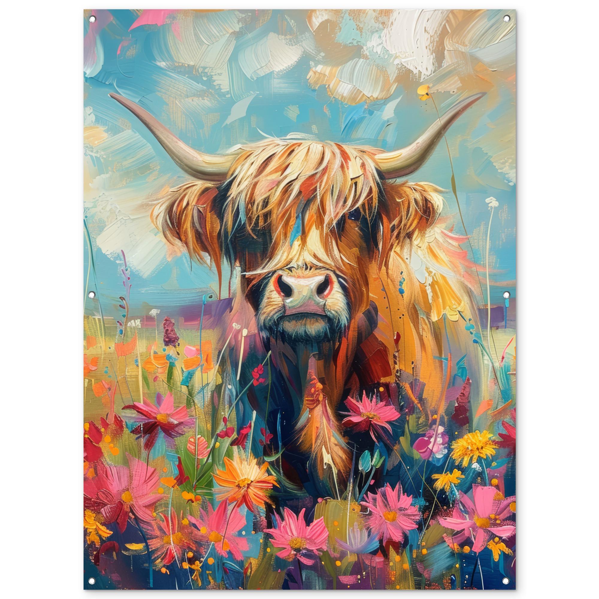 GARTENPOSTER Schottische Hochländer - Natur - Farbenfroh - Blumen Gartendekoration 120x160 cm - Hellblau, Kunststoff (120/160/0.2cm) - OnlyWow