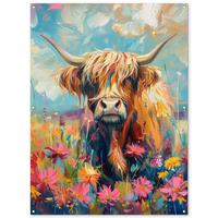 GARTENPOSTER Schottische Hochländer - Natur - Farbenfroh - Blumen Gartendekoration 120x160 cm - Hellblau, Kunststoff (120/160/0.2cm) - OnlyWow