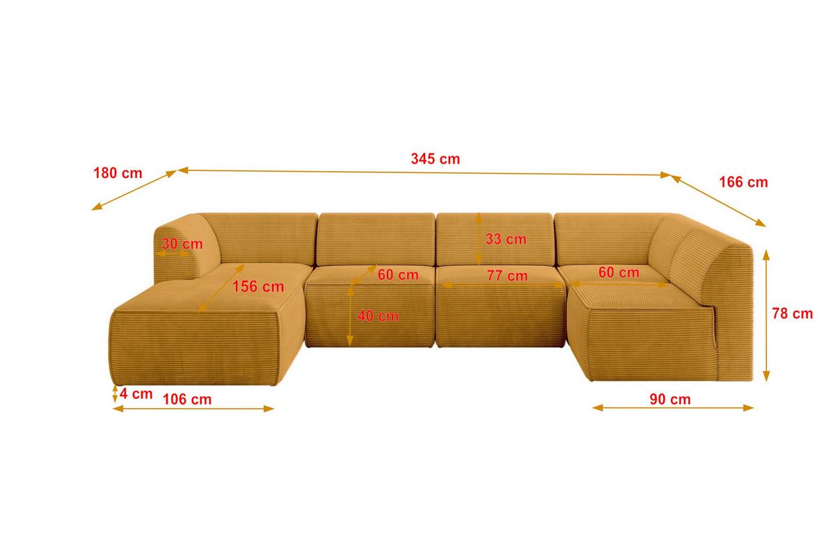 WOHNLANDSCHAFT Ottomane Links MOVO-L 345x180x78 cm Senffarbe Cord - Honig, Holzwerkstoff/Kunststoff (345/78/180cm) - ALTDECOR
