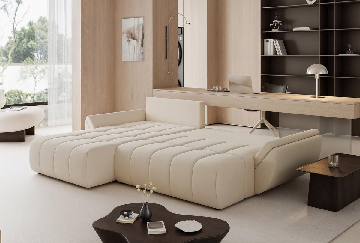 ECKSOFA ARO mit Schlaffunktion und Bettkasten Creme - Creme/Schwarz, Kunststoff/Textil (280/190cm) - Idohome