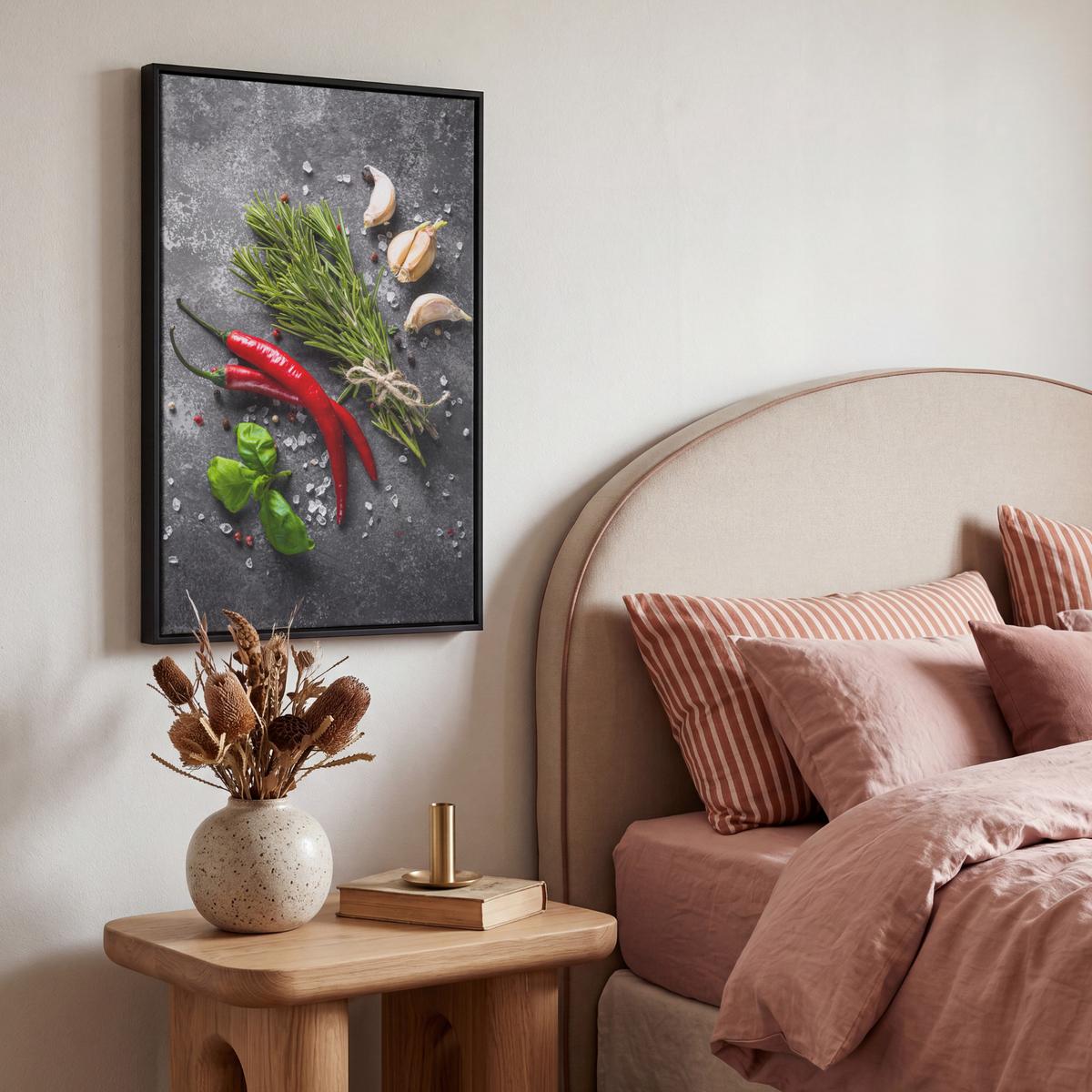 LEINWAND Bilder mit Rahmen - Pfeffer - Kräuter - Gewürze - Beton - 40x60 - Dunkelgrau, Textil (40/60cm) - MuchoWow