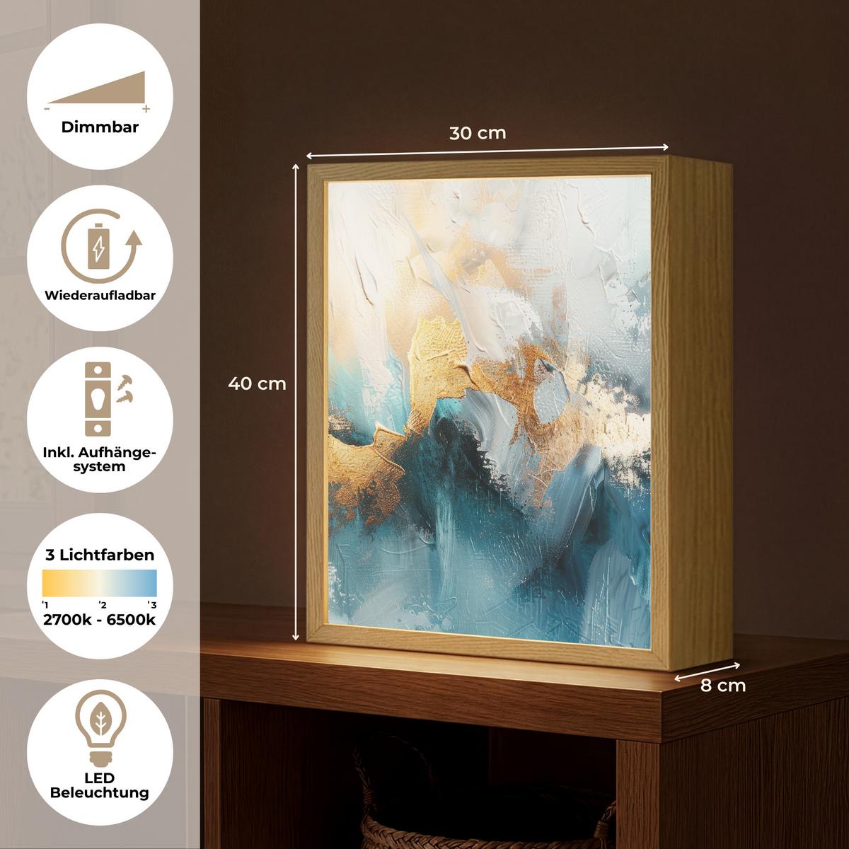 WANDLEUCHTE MIT AKKU Abstrakt - Kunst - Gold - Blau 30x40 cm - Türkis, Holzwerkstoff (30/40/8cm) - OnlyWow