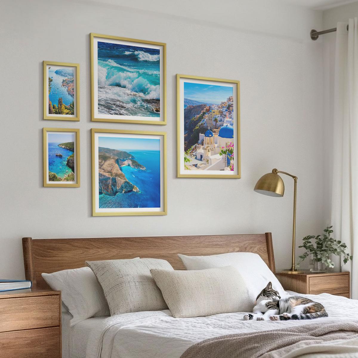 BILDER SET 5er Set - 50x50 cm & 20x30 cm & 40x60 cm Goldrahmen - Griechische Ansichten von Santorin Oia - Goldfarben, Kunststoff (40/60cm) - TULUP