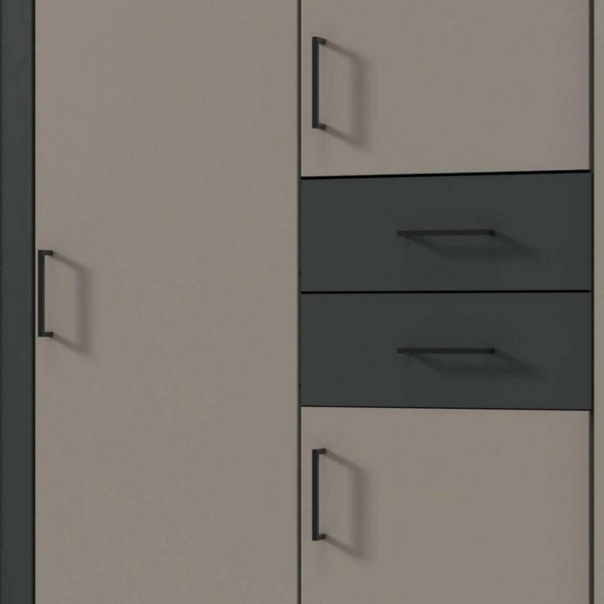 DREHTÜRENSCHRANK B228/H210/T58 cm, Sandgrau mit Absetzungen in Grafit, Kleiderschrank mit Passepartout&1Spiegeltür&Schubkästen, Griffe schwarz/ 22573 - Sandfarben/Schwarz, Holzwerkstoff/Kunststoff (228/210/58cm) - luma-home
