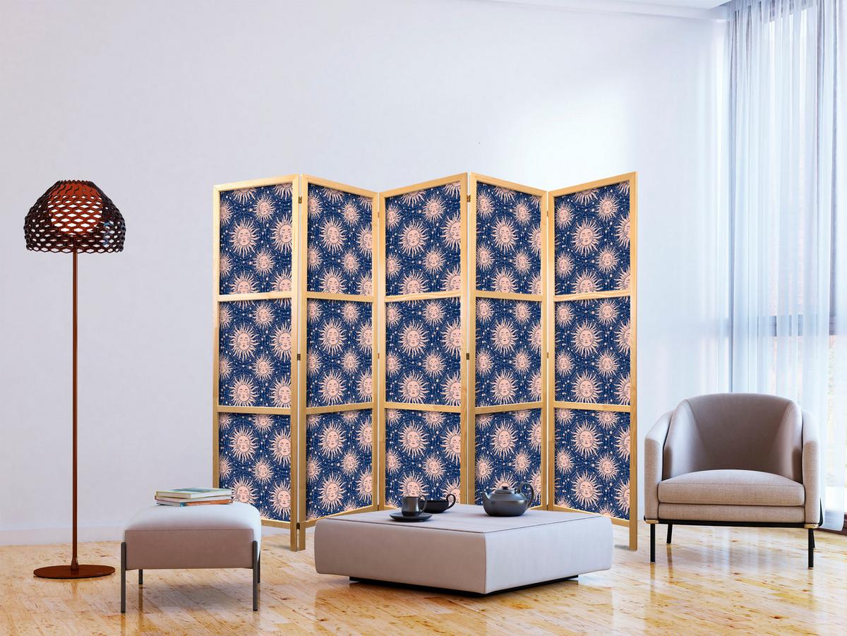 PARAVENT Japanischer 5-tlg 225x172 cm Sonnen - Blau, Holz/Textil (225/172/3cm) - Muralo