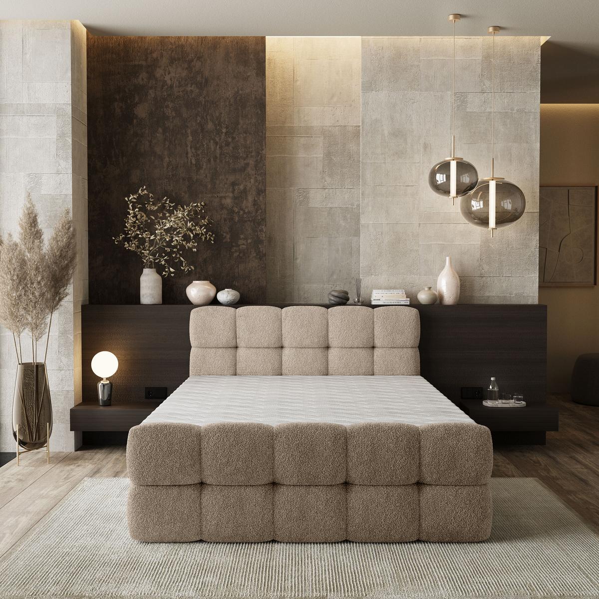 BOXBETT BRUME 160x200 cm mit Matratze und Topper, H2+H3 - Beige - Beige, Holz (160/200cm) - MASSENO
