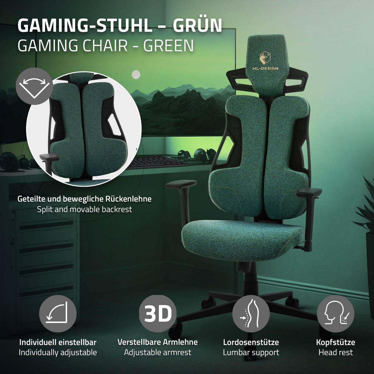 GAMINGSTUHL mit Stoffbezug in Grün Individuell Einstellbar - Schwarz/Grün, Kunststoff/Textil (69/142/68cm) - ML-DESIGN