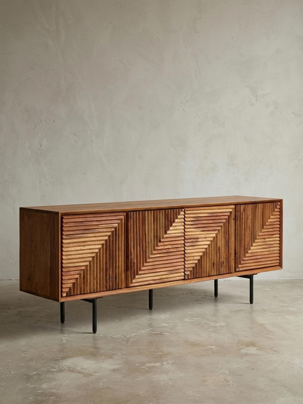 LOWBOARD Massivholz Modern Stil Modell Spectrum mit 3D-Oberfläche und Edelstahl-Gestell - Schwarz/Braun, Holz/Metall (140/54/33cm) - KADIMA DESIGN